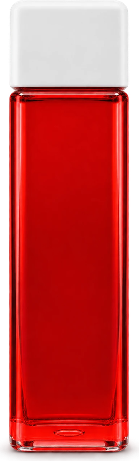 H2no raspberry bottle: a clear rectangular bottle of red raspberry water with a square white cap, printed with the H2no logo and the line 'for people who don't do water'